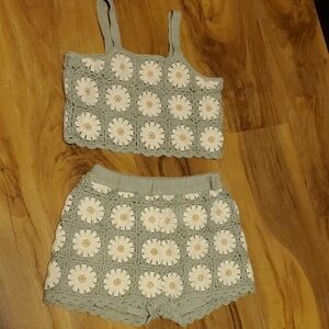 Rylee & Cru Crochet Daisy Tank & Shorts Set - Sage Green Kids Girls Size 10-12Y